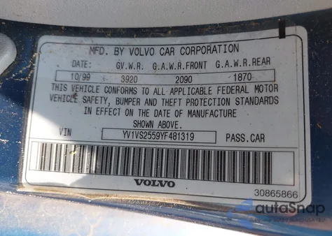 2000 Volvo S40 A/As z USA, uszkodzony, nr VIN YV1VS2559YF481319